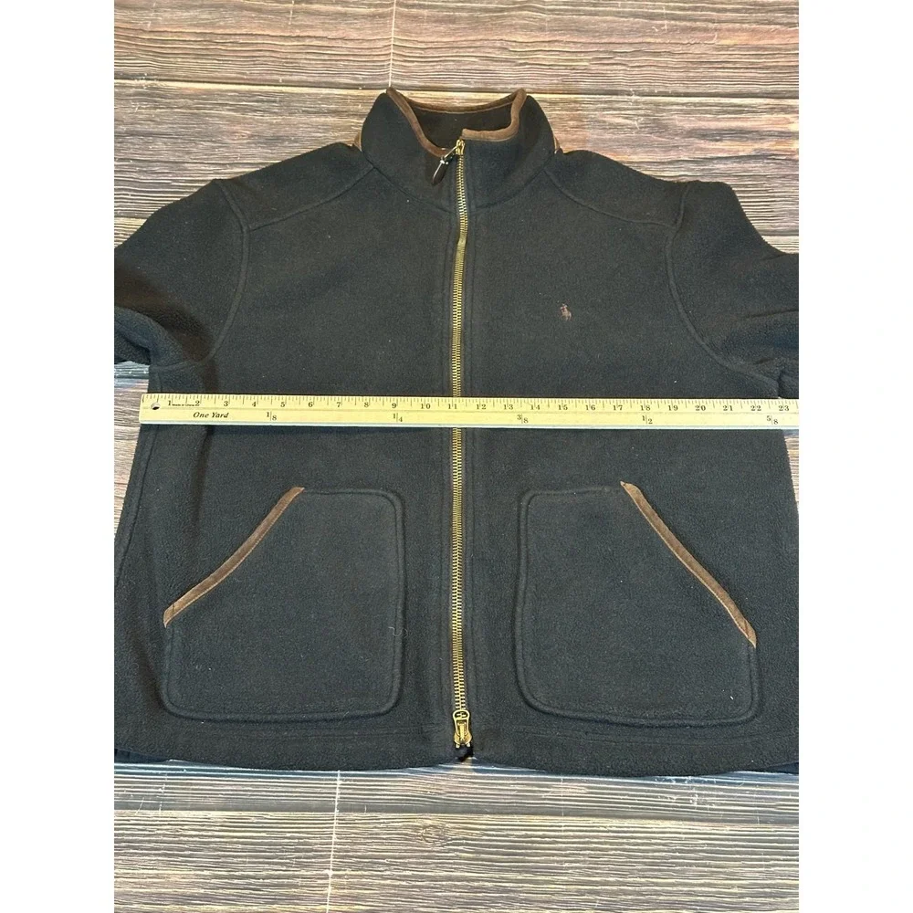 Vintage Polo Ralph Lauren Fleece Jacket Men's XL Black With Brown Leather Trim
